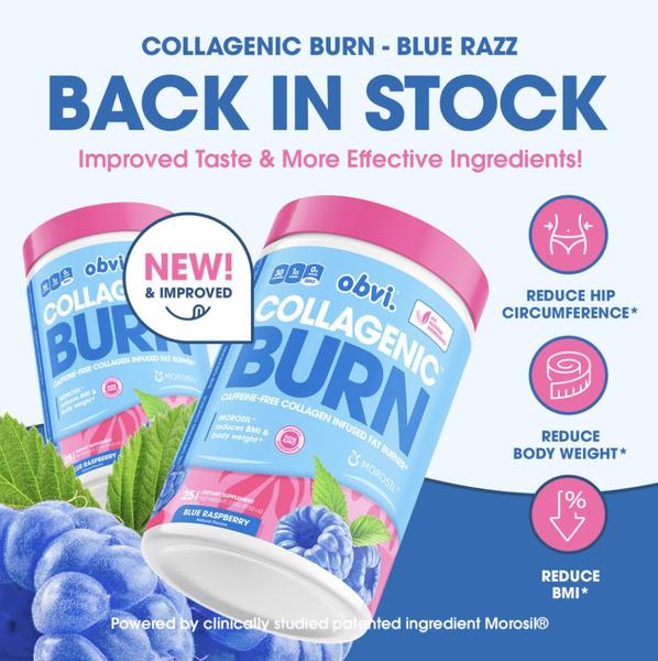 A clear, benefit-driven announcement for a restocked fat burner supplement that highlights new ingredients and clinical outcomes.